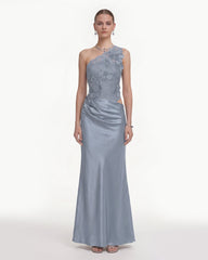 Floral One Shoulder Satin Dress - Dusty Blue