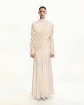 Sheer Shawl Ruched Bodycon Maxi Gown - Cream