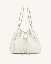 Rowan Ruched Drawstring Chain Bucket Bag - Ivory