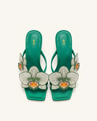 Serena Orchid Embroidered Toe Ring Heeled Sandals - Emerald Green