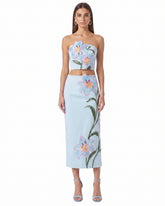 Lily Floral Embroidered High Waist Pencil Midi Skirt - Light Blue