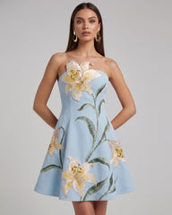 Lily Floral Print Strapless A-Line Mini Dress - Light Blue
