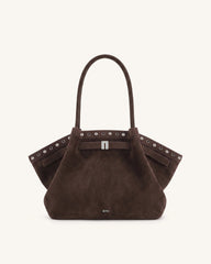 Hana Medium Faux Suede Tote Bag - Dark Chocolate Brown
