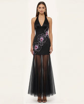 Orchid Embroidered Sheer Hem Halter Maxi Dress- Black Purple