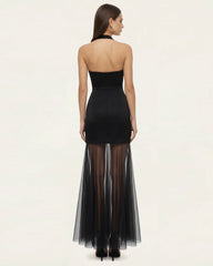 Orchid Embroidered Sheer Hem Halter Maxi Dress- Black Purple