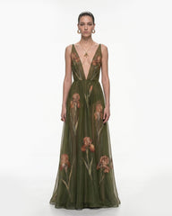 Sheer Floral Print Maxi Dress - Olive