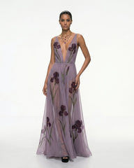 Sheer Floral Print Maxi Dress - Misty Lavender