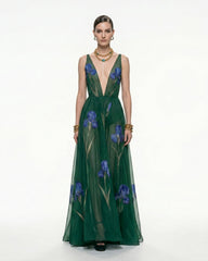 Sheer Floral Print Maxi Dress - Emerald Green