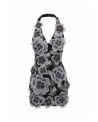 Floral Embroidered Fitted Halter Mini Dress - Black