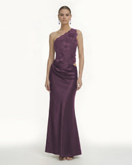 Floral One Shoulder Satin Dress - Eggplant