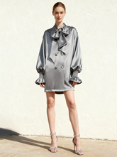 Ribbon Tie Balloon Sleeve Longline Blazer - Silver