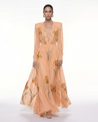 Iris Floral Print Long-Sleeve Sheer Gown - Apricot