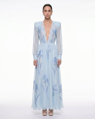 Iris Floral Print Long-Sleeve Sheer Gown - Baby Blue