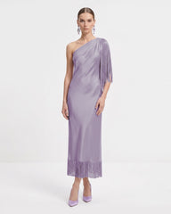 One Shoulder Fringe Midi Dress - Lavender