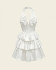 Flower Embroidered Tiered Halter Mini Dress - White