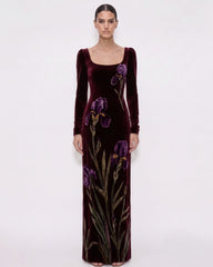 Velvet Iris Print Long Sleeve Maxi Dress - Burgundy