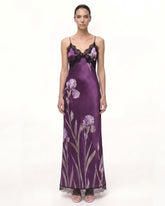 Satin Iris Print Lace Trim Spaghetti Strap Maxi Dress - Purple