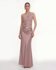 Floral One Shoulder Satin Dress - Dusty Rose