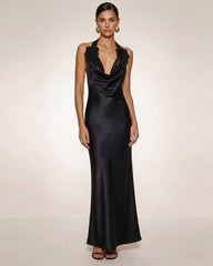 Flower Embroidered Cowl Halter Maxi Dress - Black