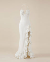 Flower Embroidered Ruffle Maxi Dress - White