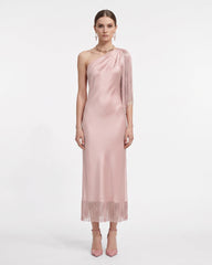 One Shoulder Fringe Midi Dress - Blush
