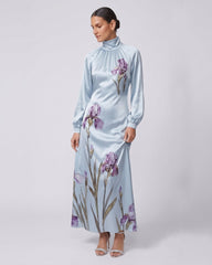Iris Print High Neck Long Sleeve Maxi Dress - Light Blue