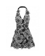 Floral Embroidered Plunge Halter Mini Dress - Black
