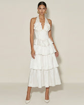 Flower Embroidered Tiered Halter Midi Dress - White