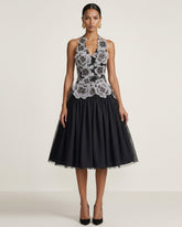 Floral Embroidered Fit-and-Flare Midi Dress - Black
