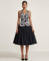 Floral Embroidered Fit-and-Flare Midi Dress - Black