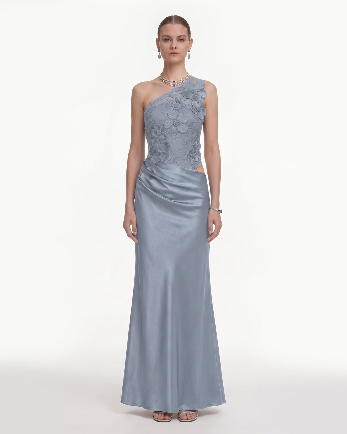Floral One Shoulder Satin Dress - Dusty Blue