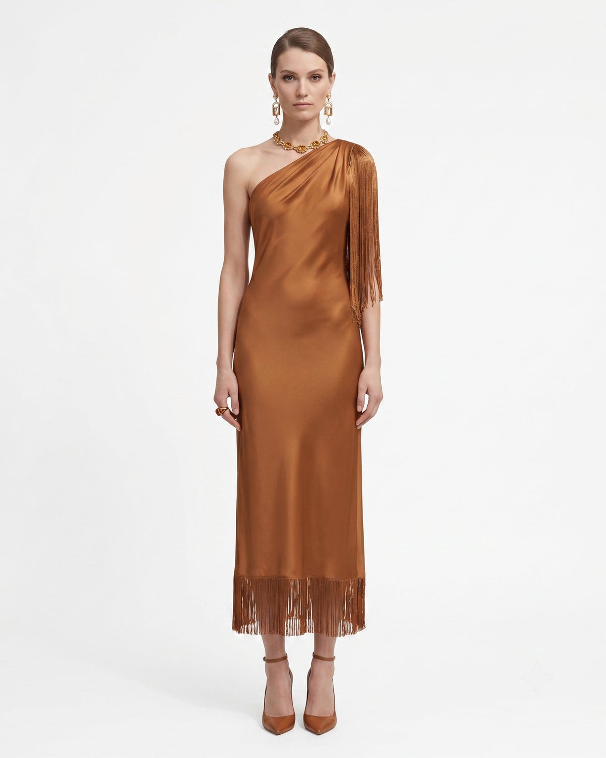 One Shoulder Fringe Midi Dress - Cognac