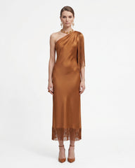 One Shoulder Fringe Midi Dress - Cognac