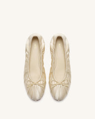 Solenne Ruched Drawstring Satin Ballet Flats - Beige