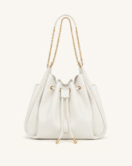 Rowan Ruched Drawstring Chain Bucket Bag - Ivory