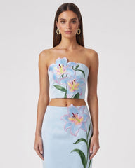Lily Floral Embroidered Strapless Corset Top - Light Blue