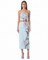 Lily Floral Embroidered High Waist Pencil Midi Skirt - Light Blue