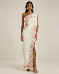 Flower Embroidered One-Shoulder Maxi Dress - Ivory