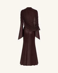 Sheer Shawl Ruched Bodycon Maxi Gown - Brown