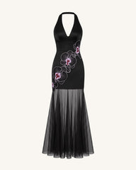 Orchid Embroidered Sheer Hem Halter Maxi Dress-  Black Purple