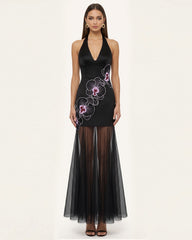 Orchid Embroidered Sheer Hem Halter Maxi Dress-  Black Purple