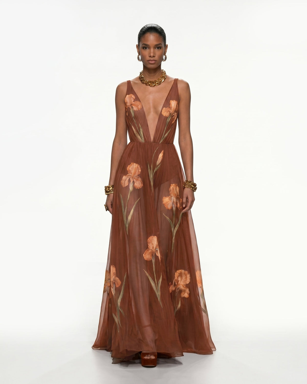 Sheer Floral Print Maxi Dress - Caramel Brown