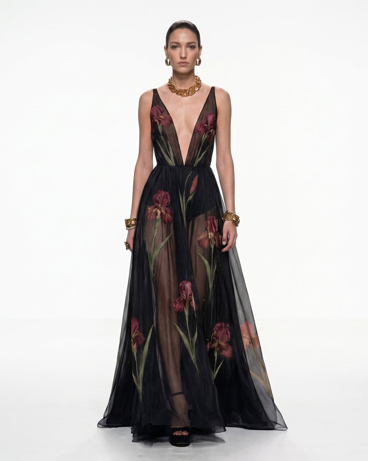 Sheer Floral Print Maxi Dress - Black & Burgundy