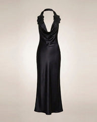 Flower Embroidered Cowl Halter Maxi Dress - Black