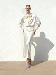 Ribbon Tie Balloon Sleeve Blouse - White