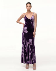Velvet Iris Print Spaghetti Strap Maxi Dress - Deep Purple