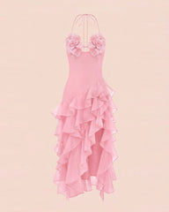 Flower Embroidered High-Low Ruffle Midi Dress - Blush Pink