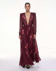 Iris Floral Print Long-Sleeve Sheer Gown - Burgundy