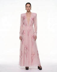 Iris Floral Print Long-Sleeve Sheer Gown - Dusty Pink