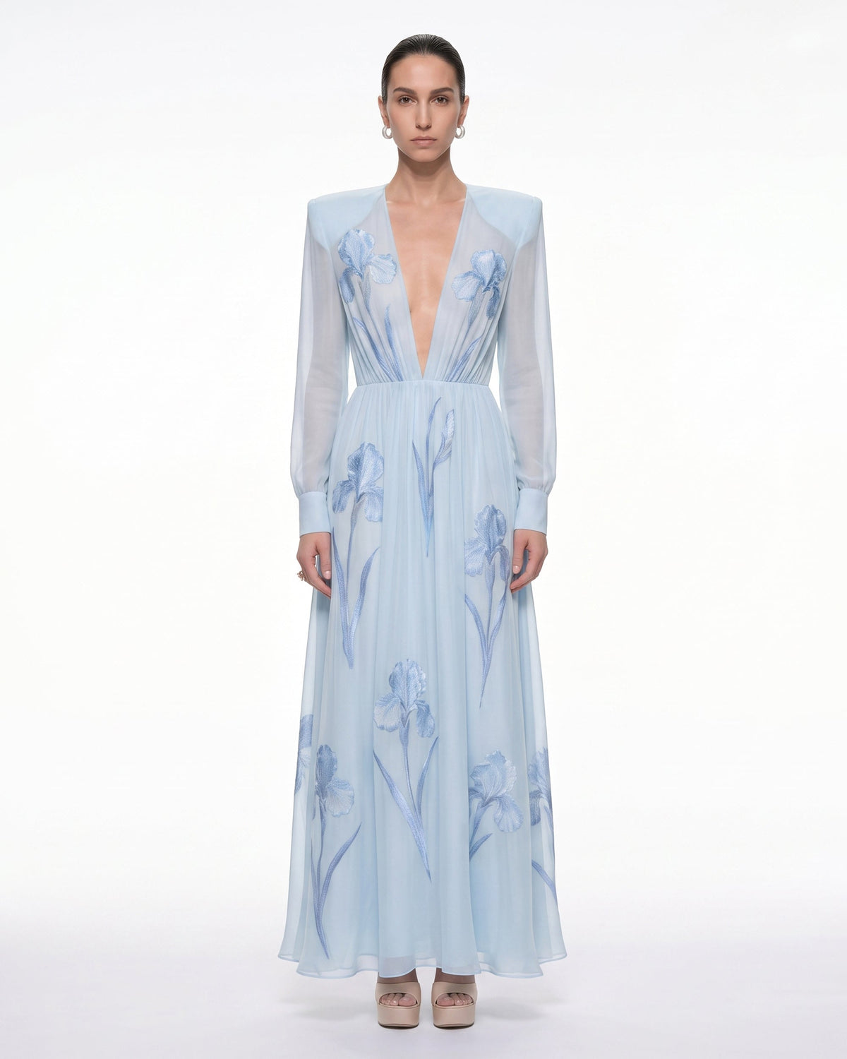 Iris Floral Print Long-Sleeve Sheer Gown - Baby Blue
